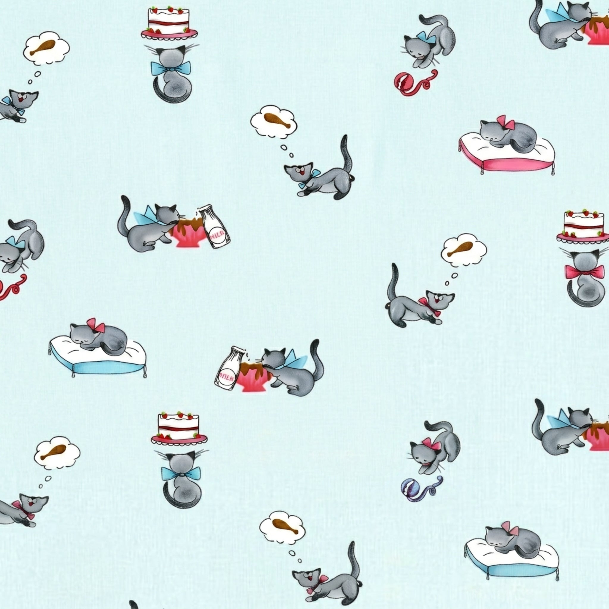 Novelty tabby cat milk bottle cake sky blue fabric for children's quilts kids bags and cat lover gifts