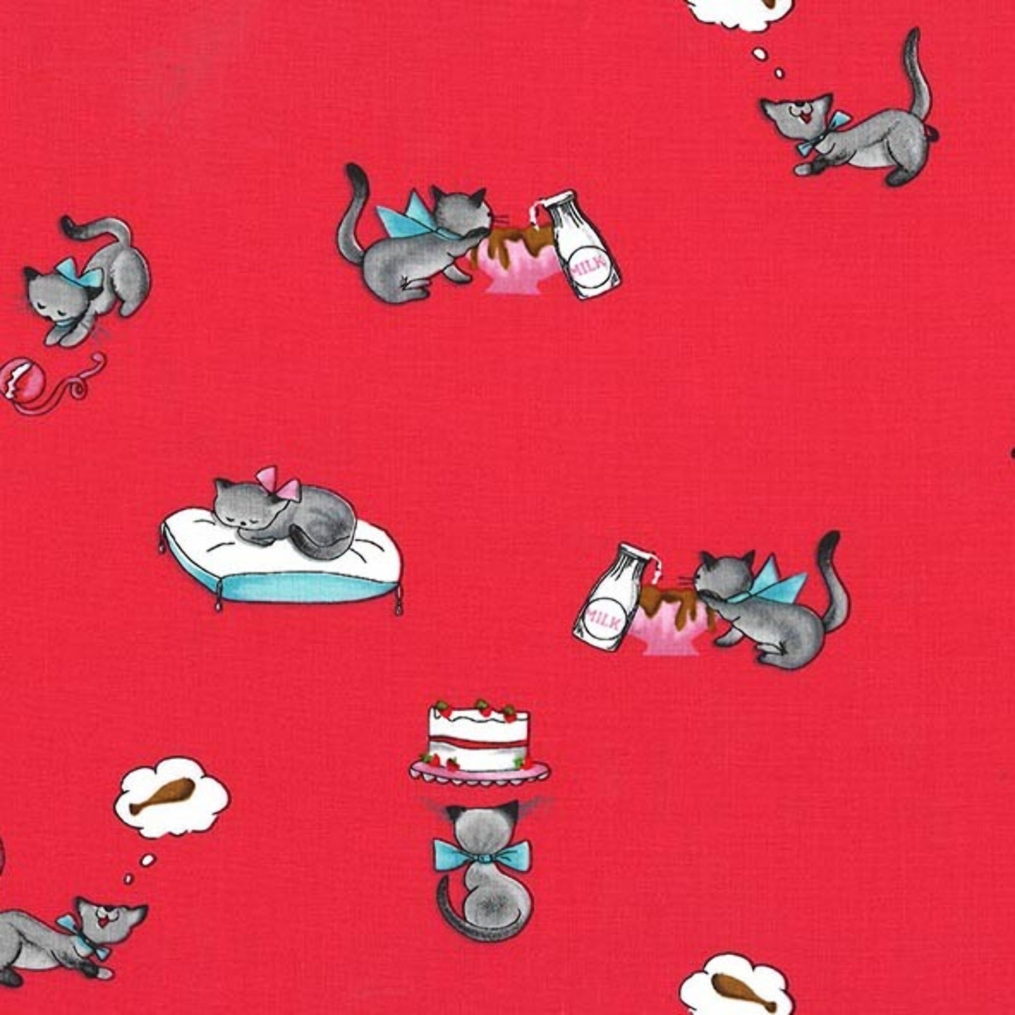 Novelty tabby cat milk bottle cake strawberry red fabric for children's quilts kids bags and cat lover gifts