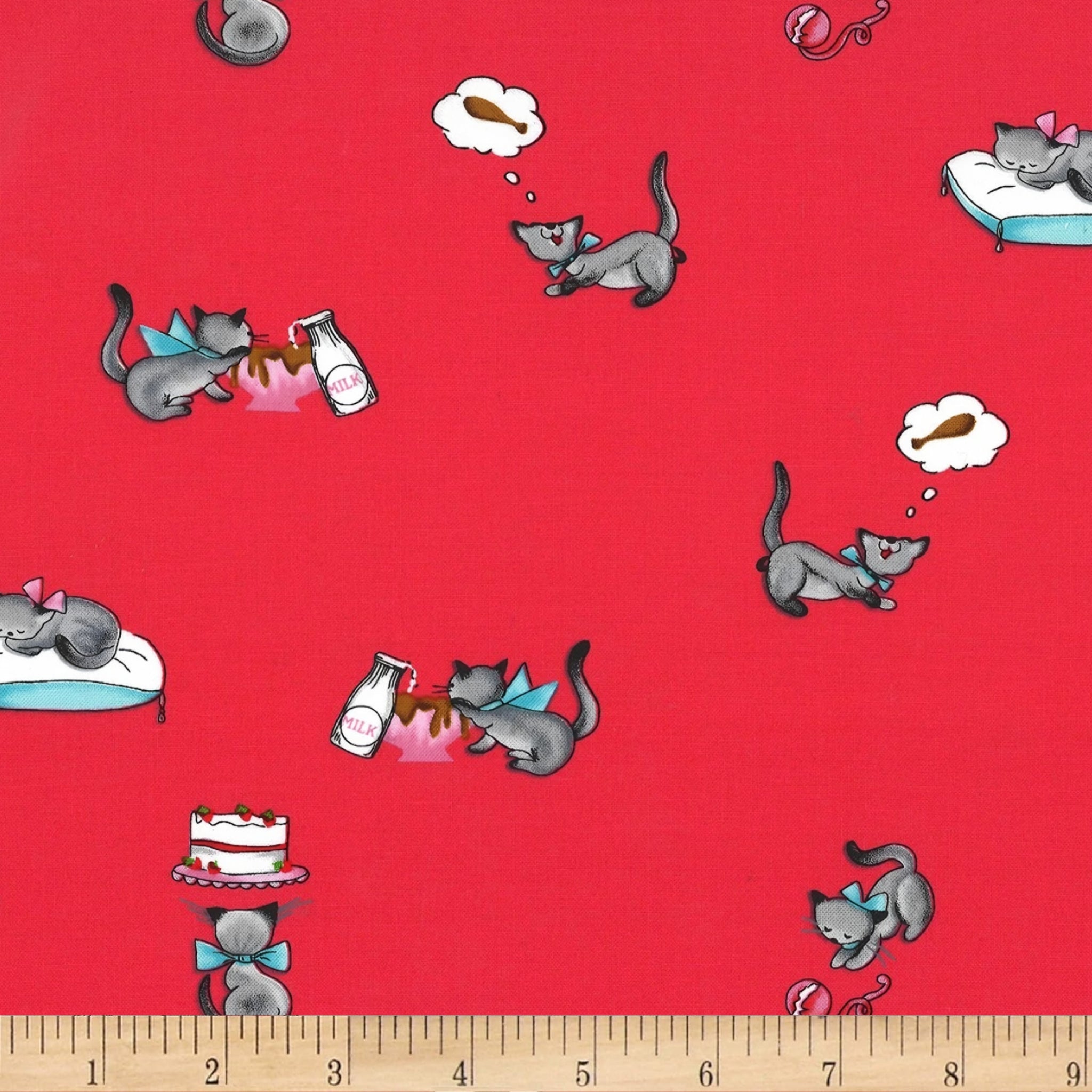 Novelty tabby cat milk bottle cake strawberry red fabric for children's quilts kids bags and cat lover gifts