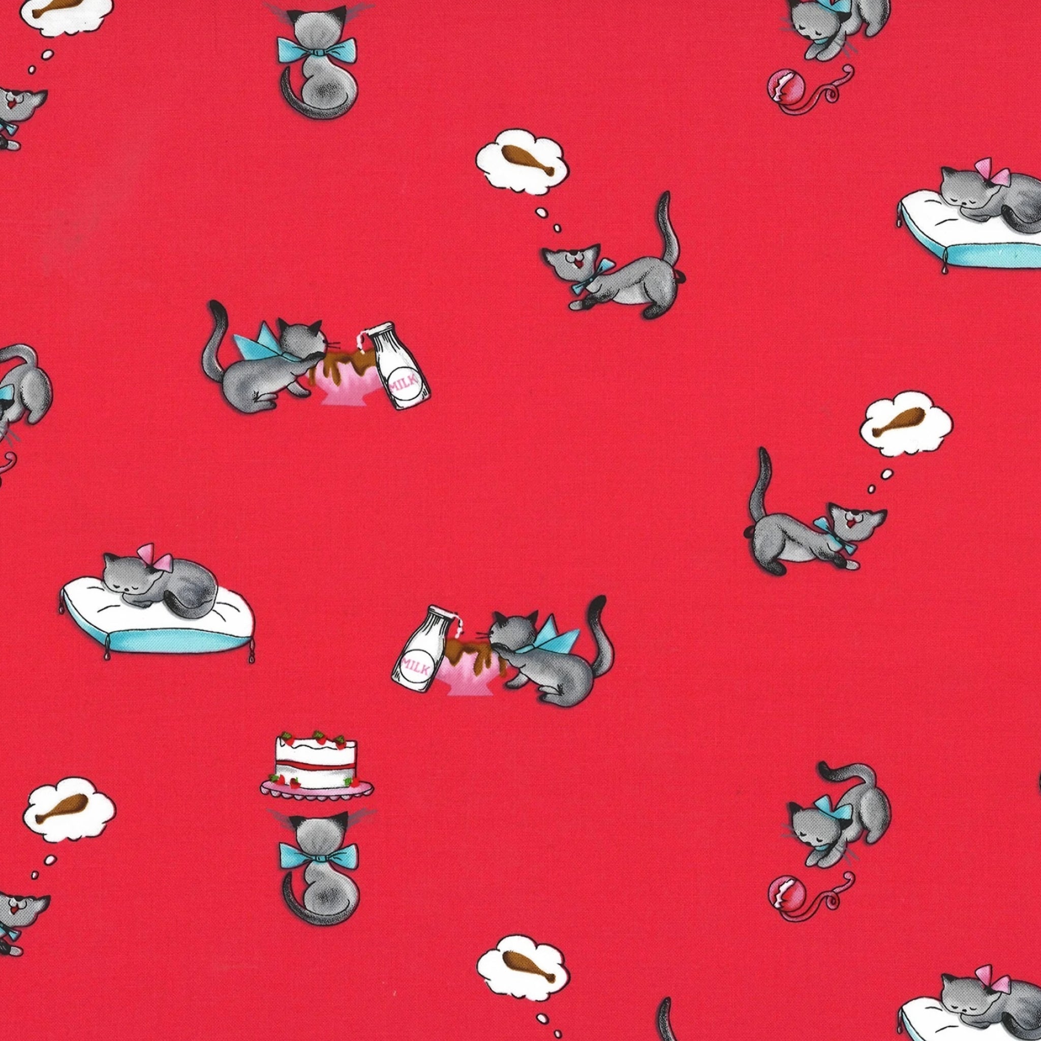Novelty tabby cat milk bottle cake strawberry red fabric for children's quilts kids bags and cat lover gifts