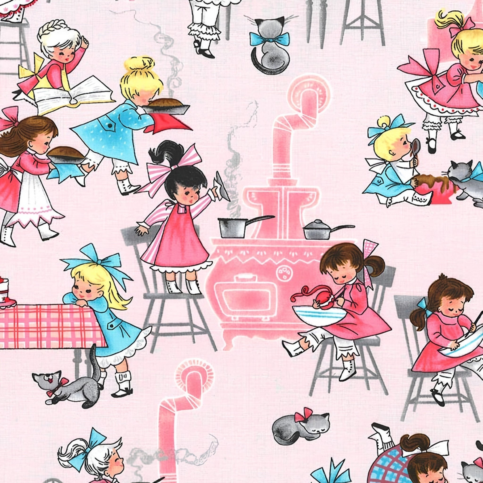 Novelty retro girls baking cooking kitchen pink fabric for children's aprons kitchen quilts and retro gifts