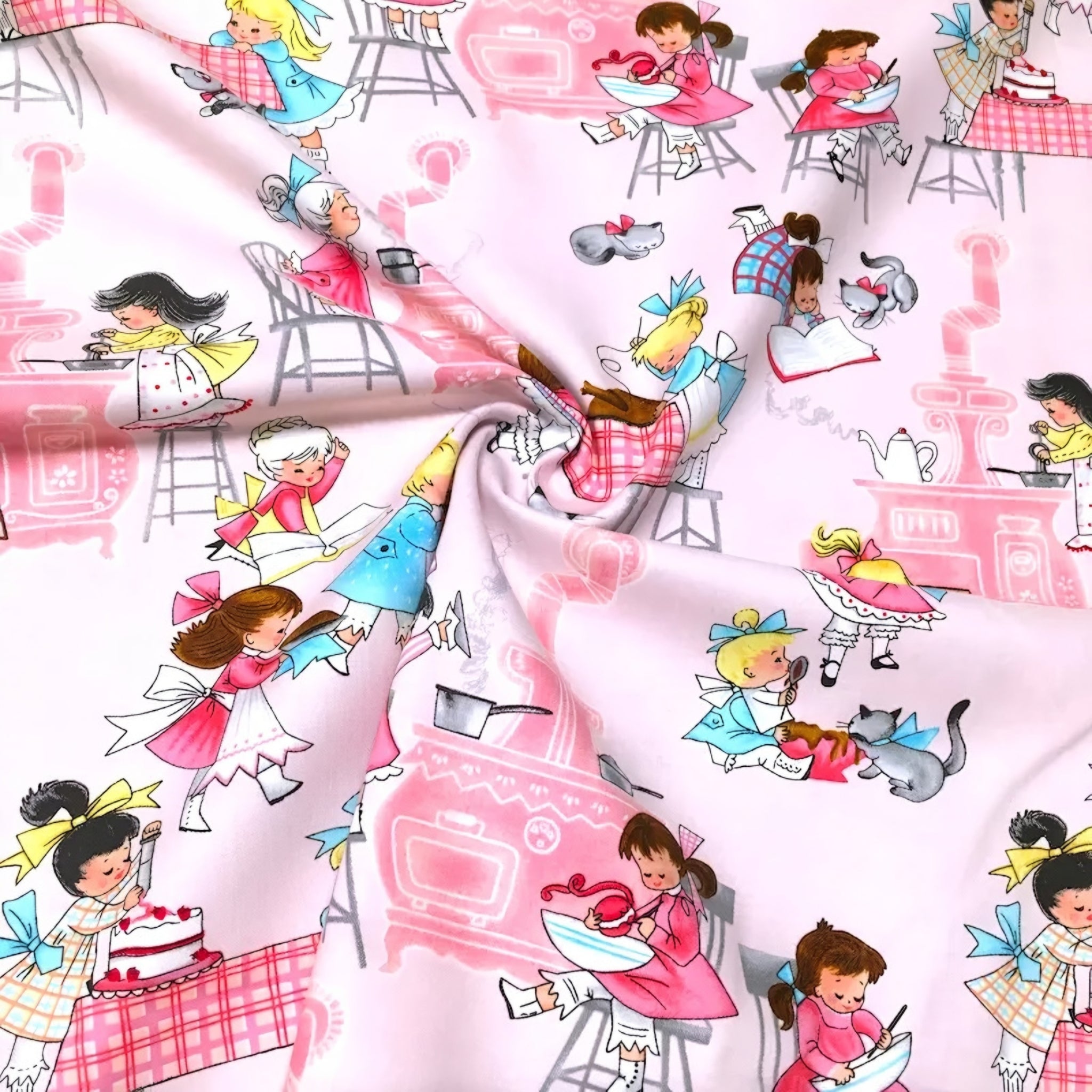 Novelty retro girls baking cooking kitchen pink fabric for children's aprons kitchen quilts and vintage gifts