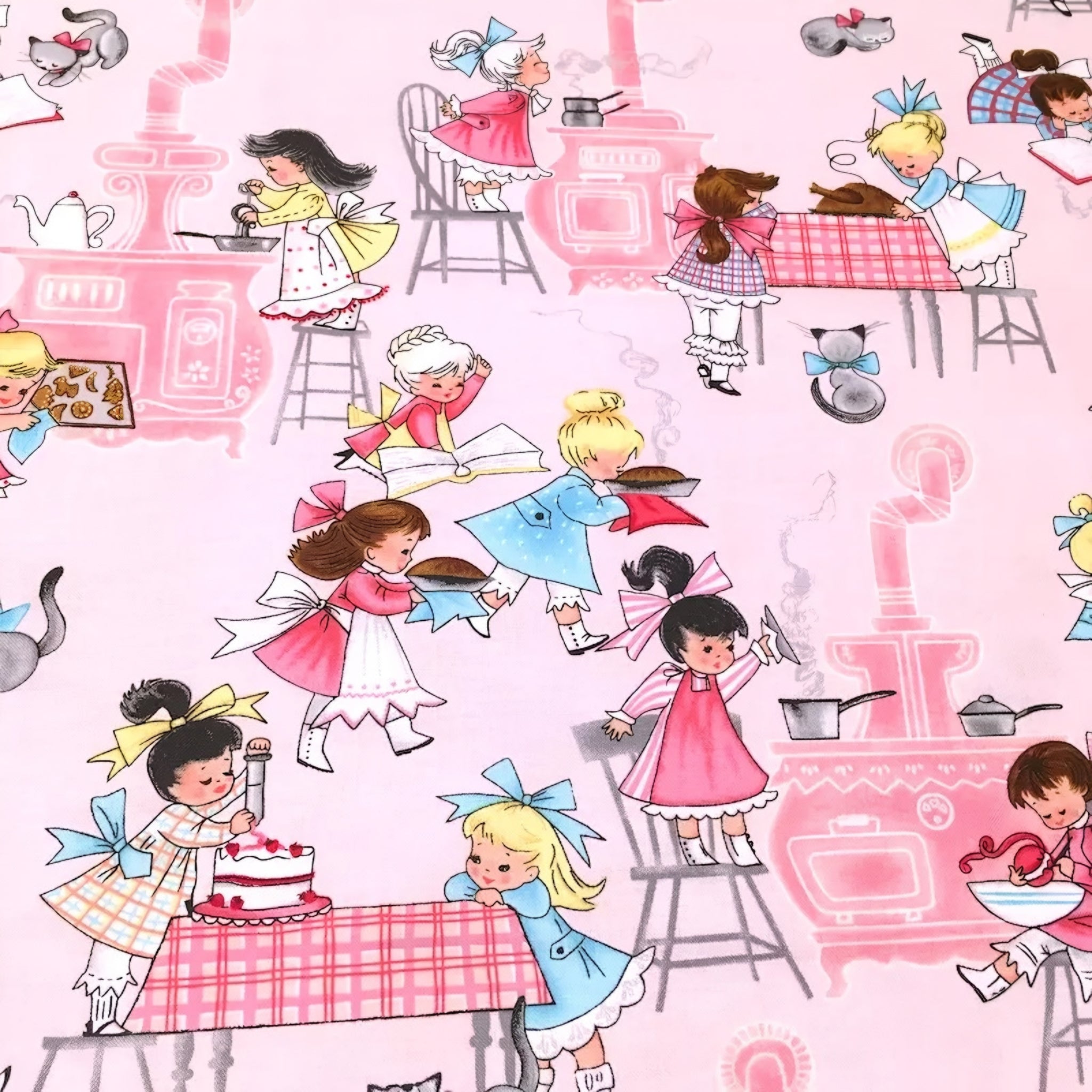 Novelty retro girls baking cooking kitchen pink fabric for children's aprons kitchen quilts and retro vintage 1950s gifts
