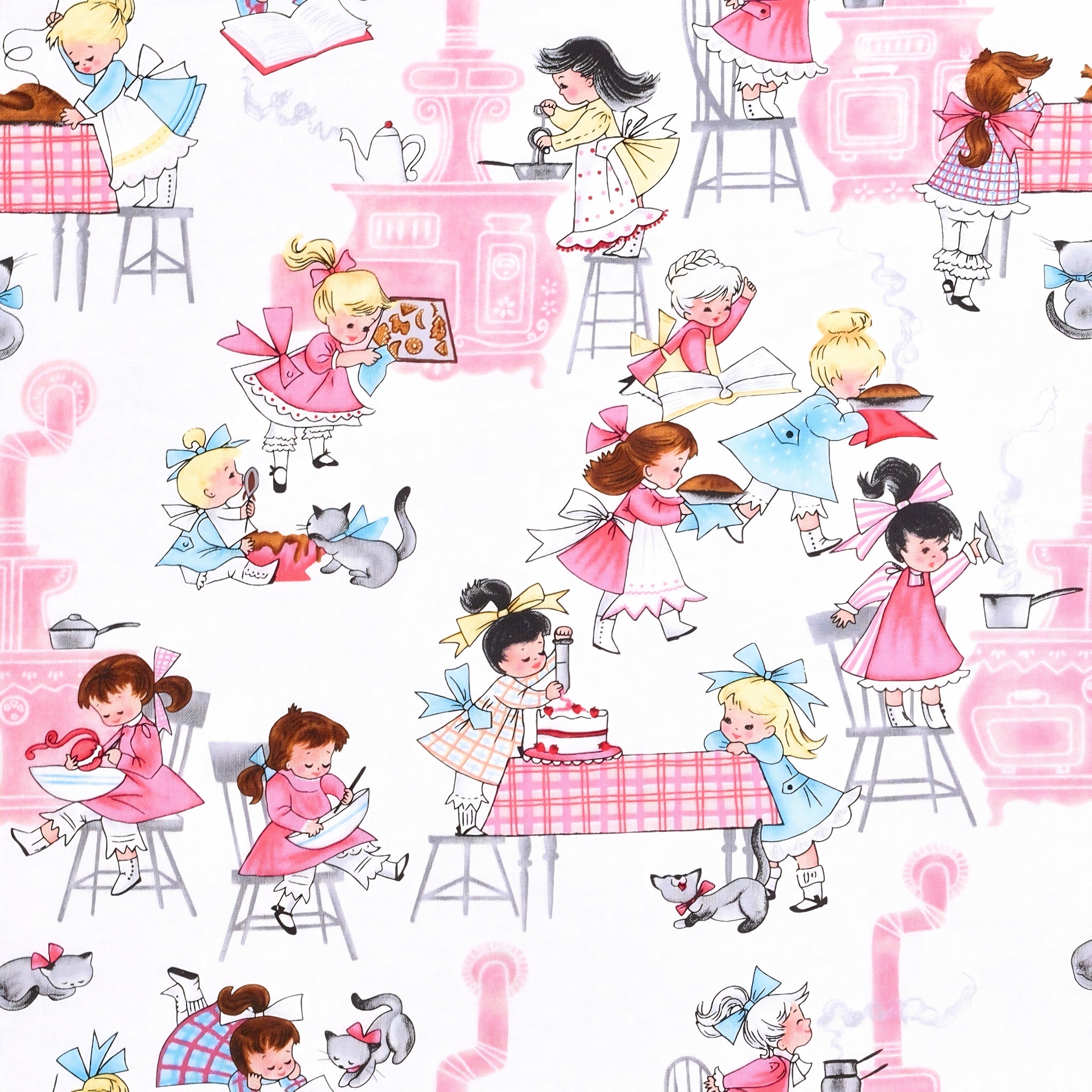 Novelty retro girls baking cooking kitchen white pink fabric for children's aprons kitchen quilts and retro vintage 1950s gifts