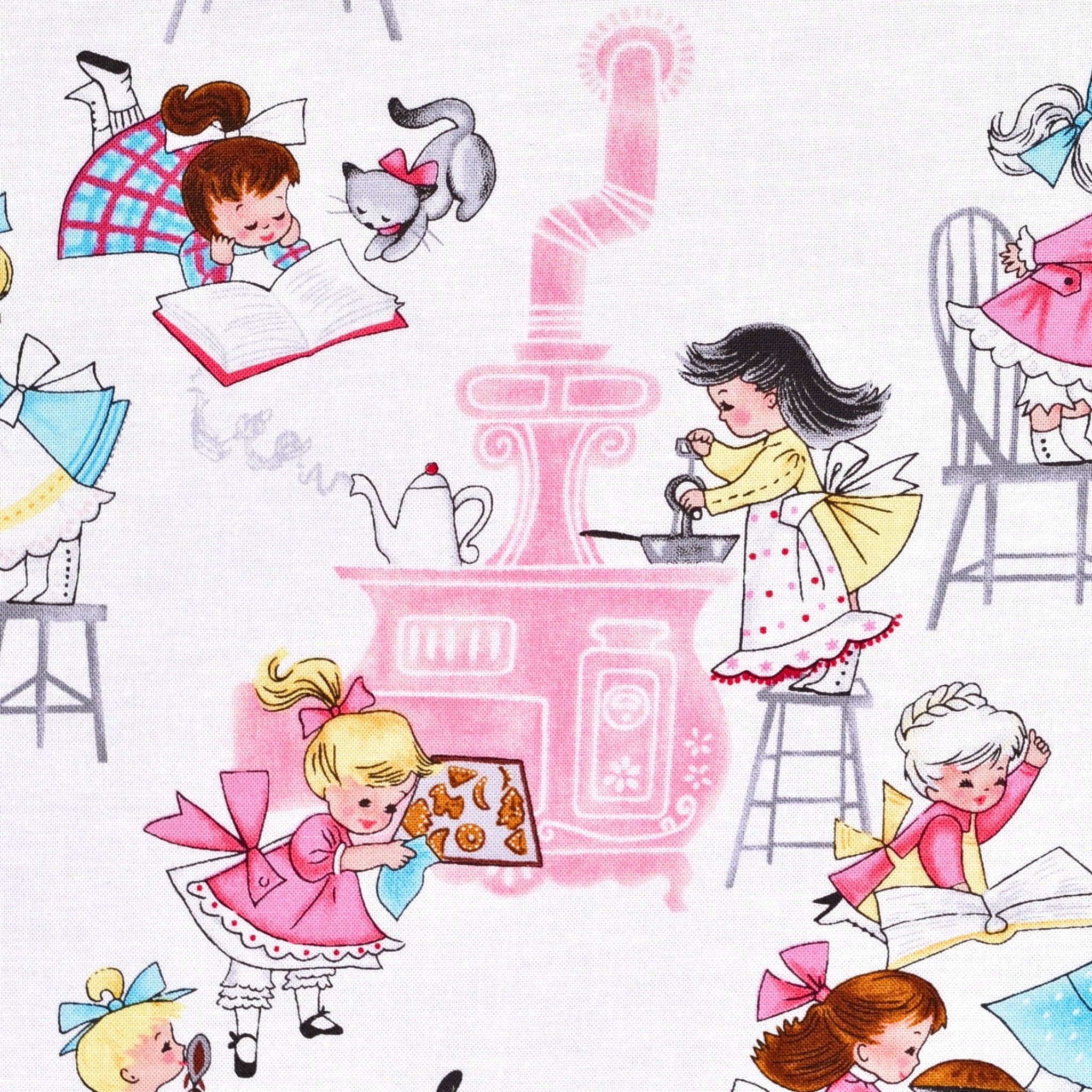 Novelty retro girls baking cooking kitchen white pink fabric for children's aprons kitchen quilts and 1950s gifts