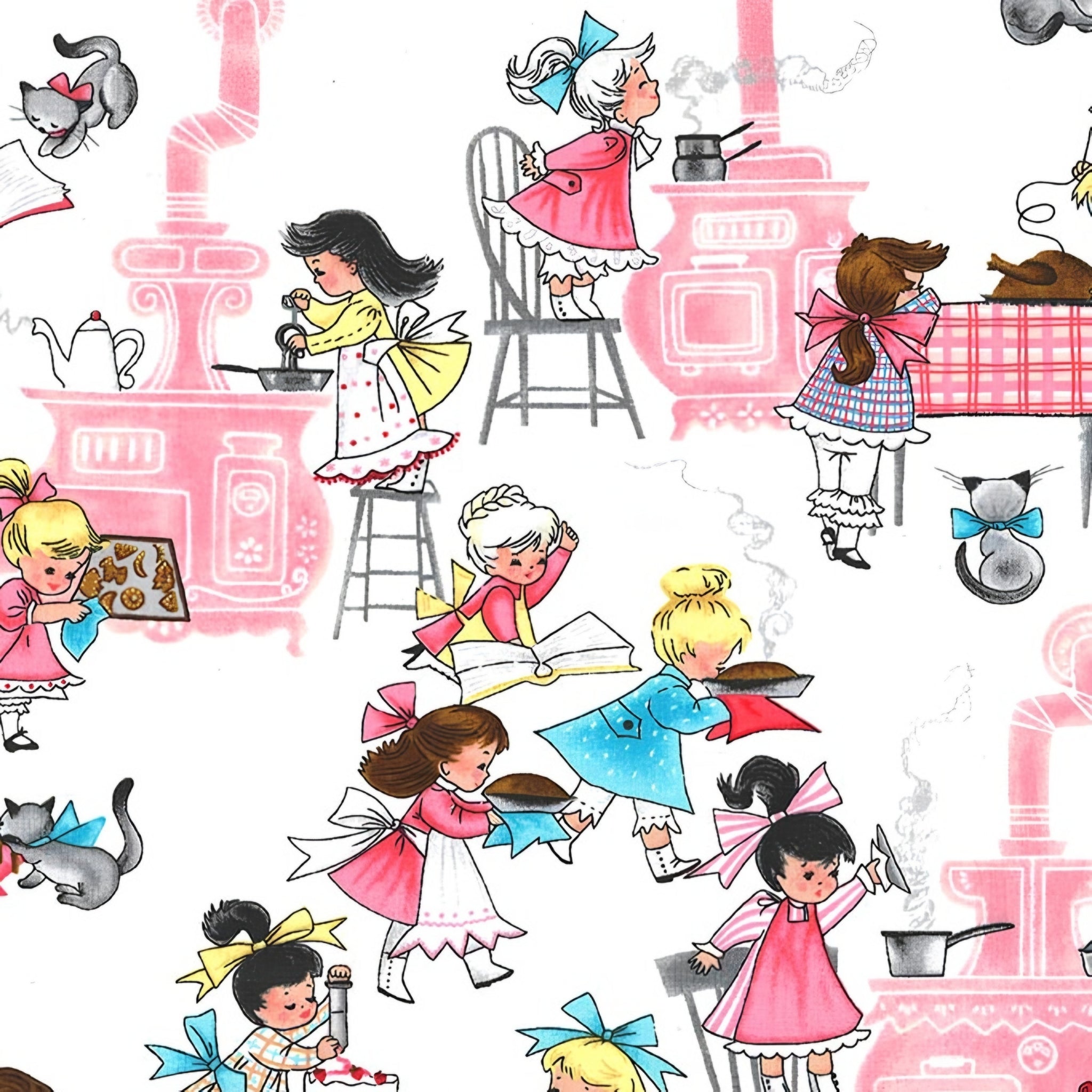 Novelty retro girls baking cooking kitchen white pink fabric for children's aprons kitchen quilts and vintage gifts