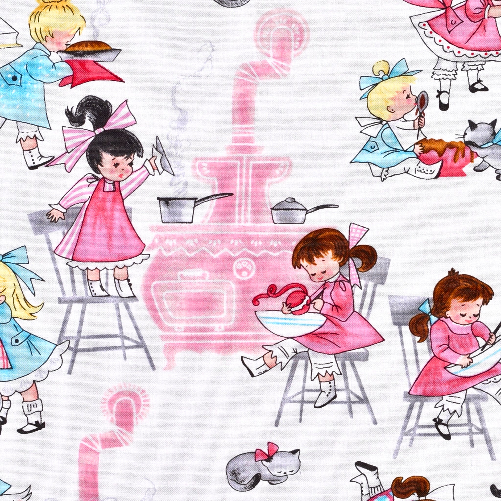 Novelty retro girls baking cooking kitchen white pink fabric for children's aprons kitchen quilts and housework gifts