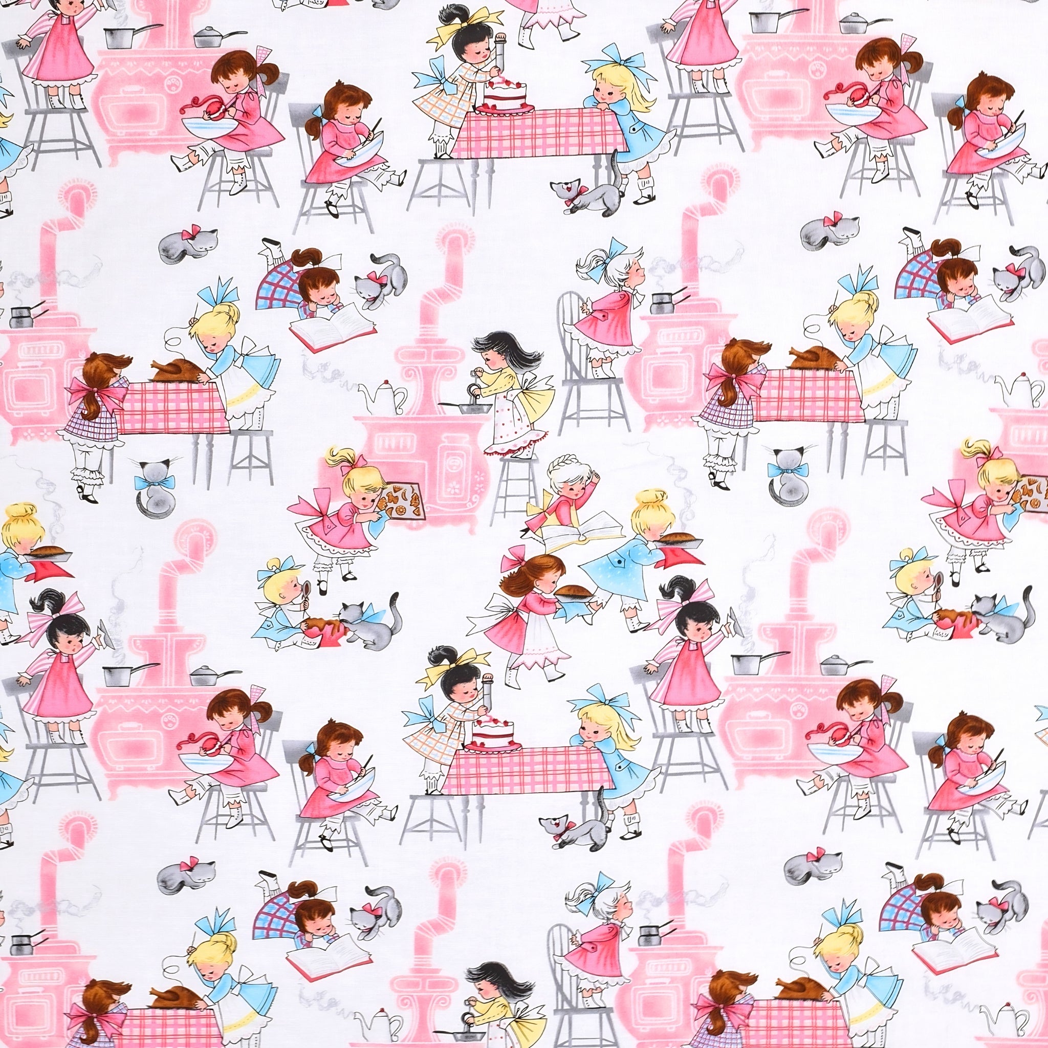 Novelty retro girls baking cooking kitchen white pink fabric for children's aprons kitchen quilts and vintage gifts