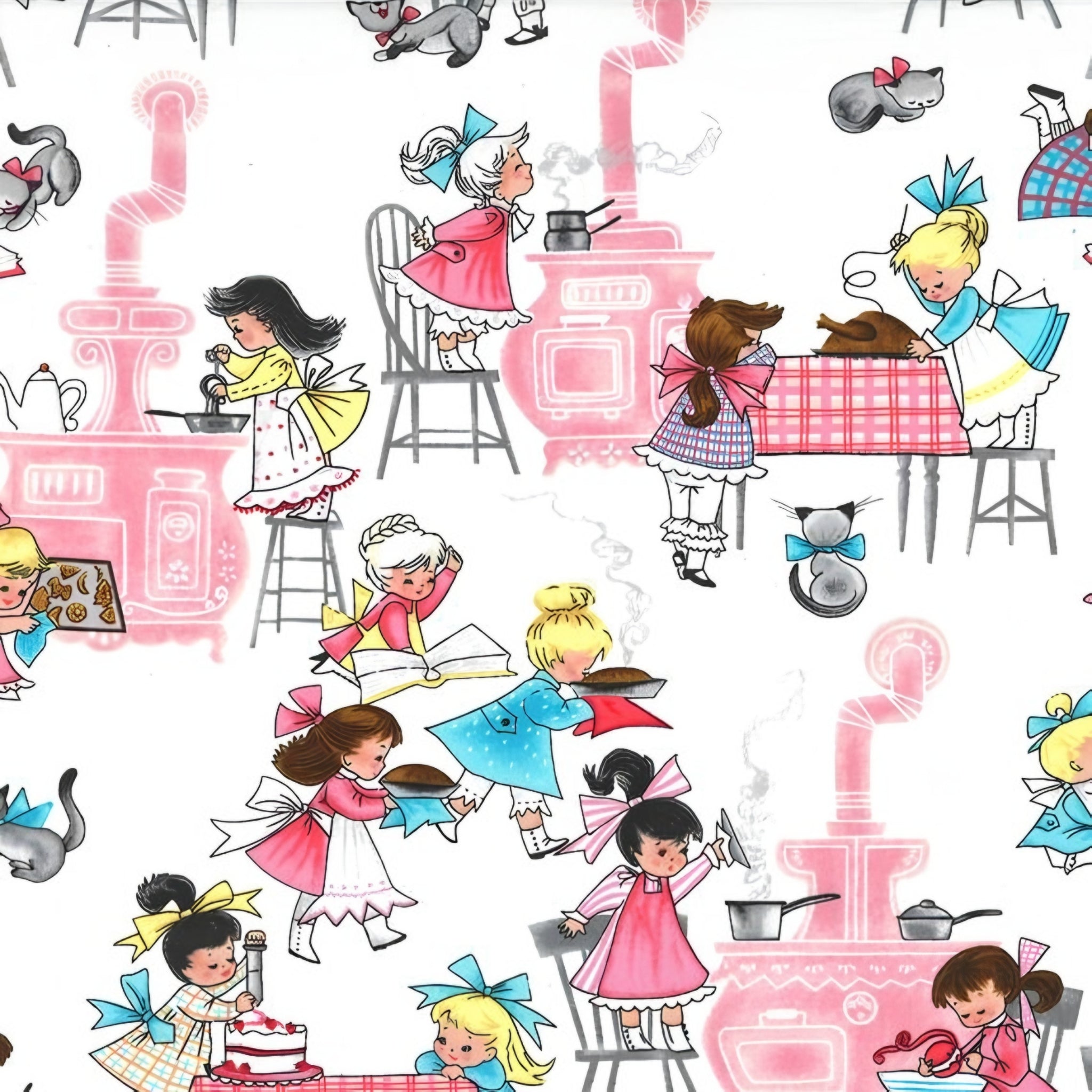 Novelty retro girls baking cooking kitchen white pink fabric for children's aprons kitchen quilts and retro gifts