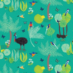 Cassowaries kingfishers lorikeets frogs Daintree rainforest foliage aqua fabric for Australian wildlife quilts and patchwork projects