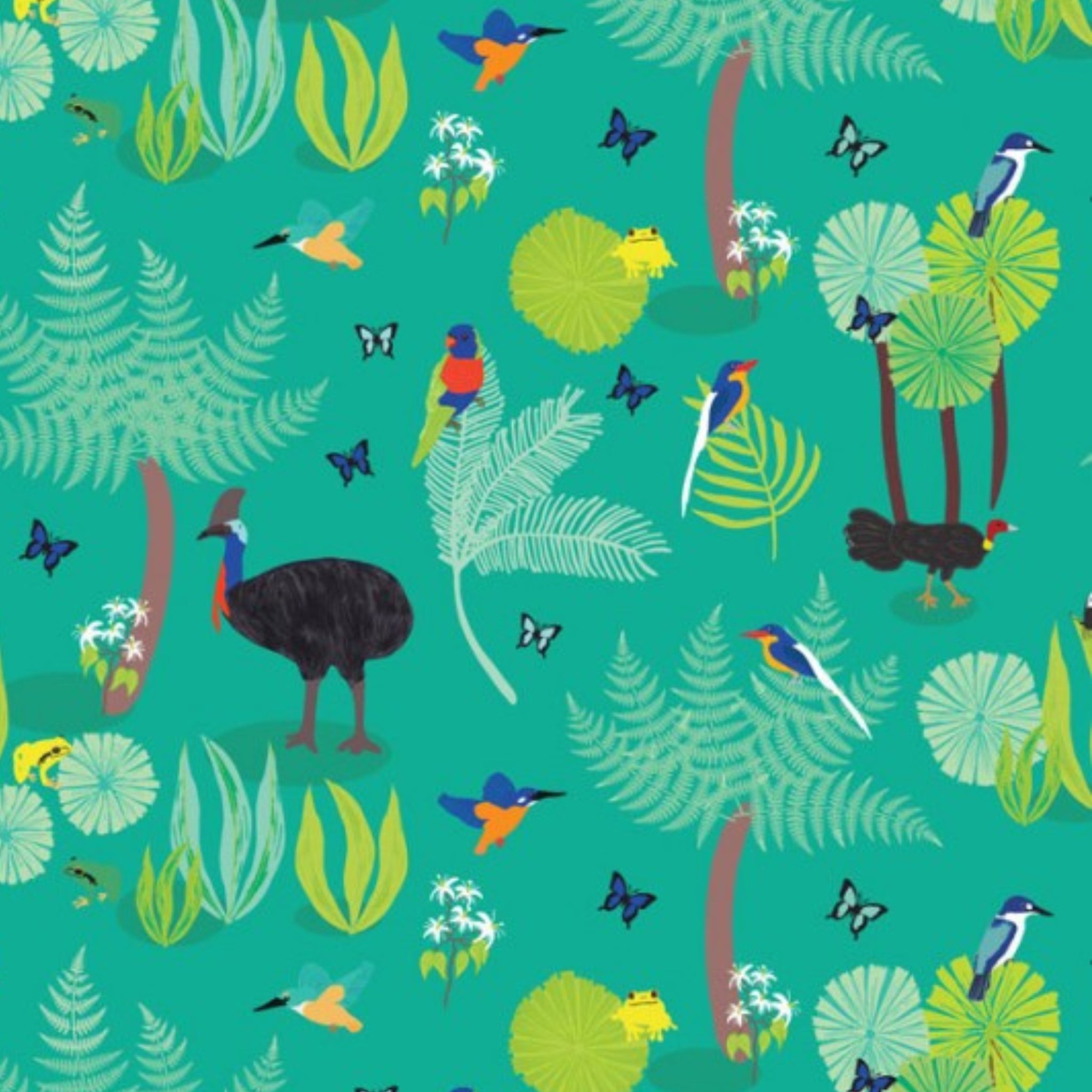 Cassowaries kingfishers lorikeets frogs Daintree rainforest foliage aqua fabric for Australian wildlife quilts and patchwork projects