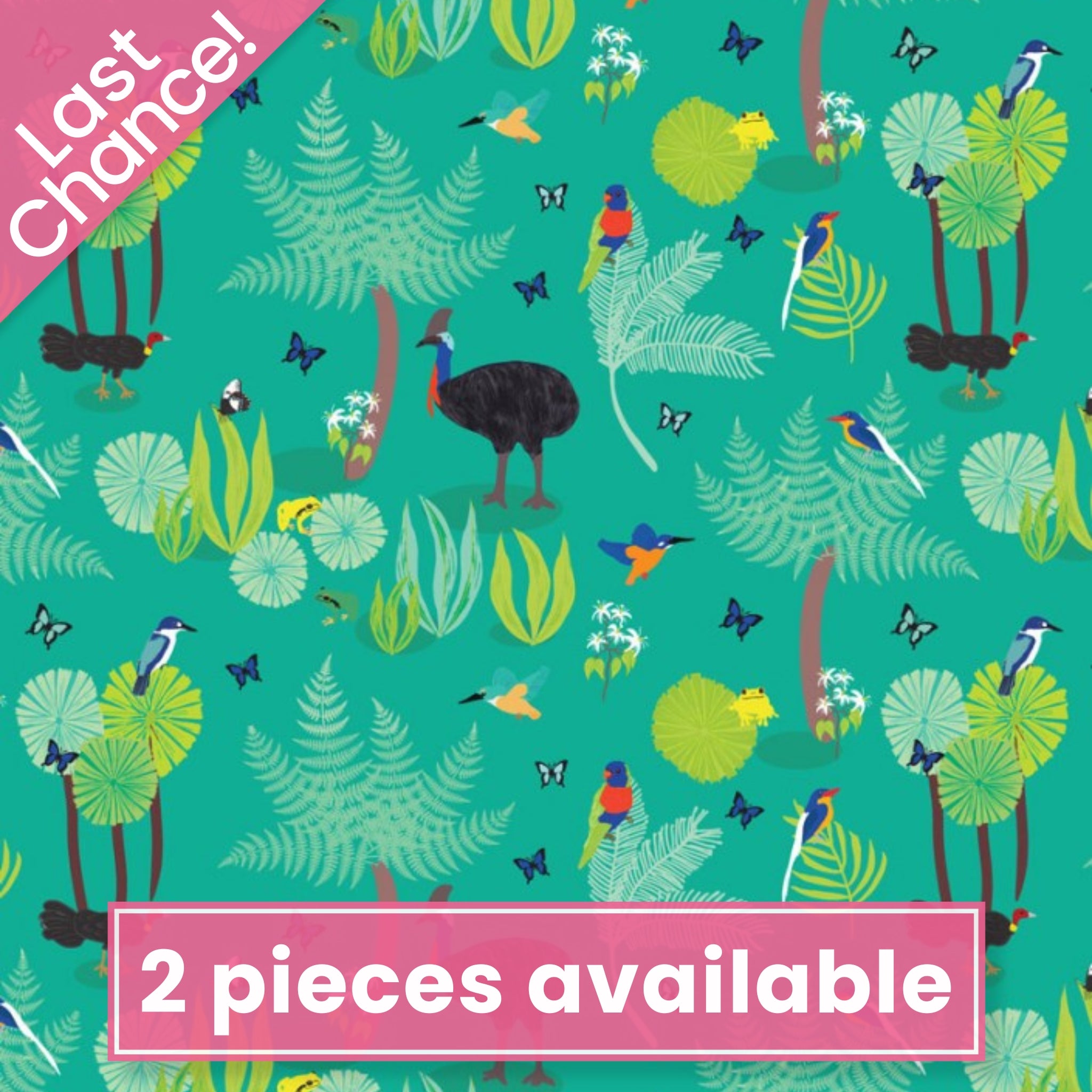 Cassowaries kingfishers lorikeets frogs Daintree rainforest foliage aqua fabric for Australian wildlife quilts and patchwork projects