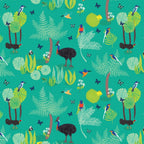 Cassowaries kingfishers lorikeets frogs Daintree rainforest foliage aqua fabric for Australian wildlife quilts and patchwork projects