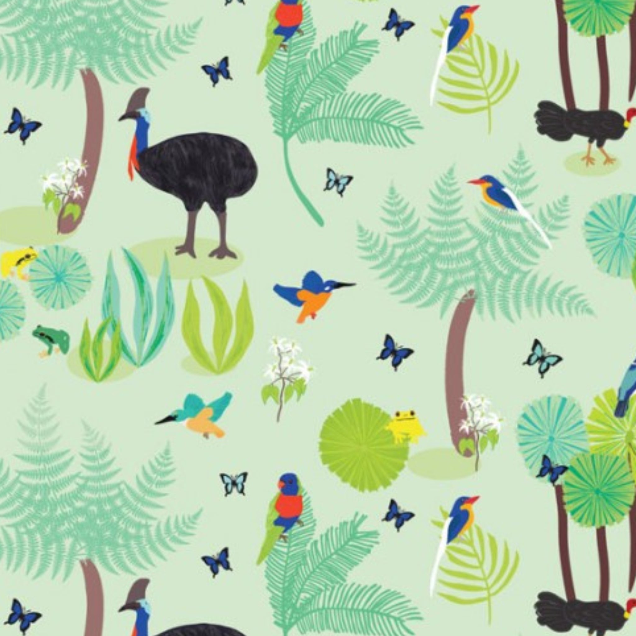 Cassowaries kingfishers lorikeets frogs Daintree rainforest foliage light green fabric for Australian wildlife quilts and patchwork projects