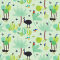 Cassowaries kingfishers lorikeets frogs Daintree rainforest foliage light green fabric for Australian wildlife quilts and patchwork projects