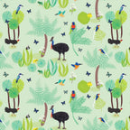 Cassowaries kingfishers lorikeets frogs Daintree rainforest foliage light green fabric for Australian wildlife quilts and patchwork projects