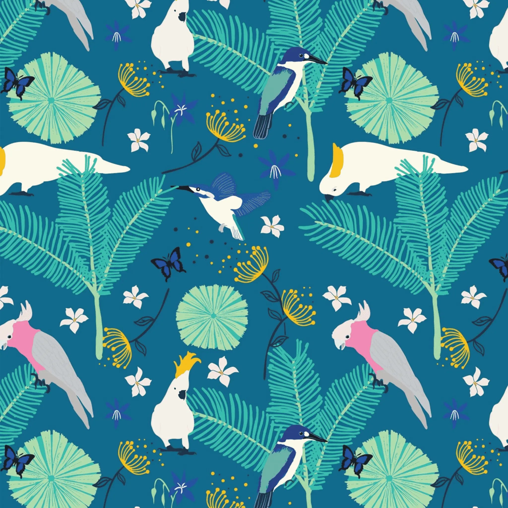 Wild Australia Feathered Friends Turquoise - Amanda Joy KK Fabrics - Three Wishes Patchwork Fabric