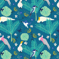 Australian native birds galahs cockatoos kingfishers tropical rainforest foliage turquoise fabric for wildlife quilts and patchwork projects