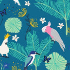 Australian native birds galahs cockatoos kingfishers tropical rainforest foliage turquoise fabric for wildlife quilts and patchwork projects