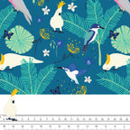 Australian native birds galahs cockatoos kingfishers tropical rainforest foliage turquoise fabric for wildlife quilts and patchwork projects
