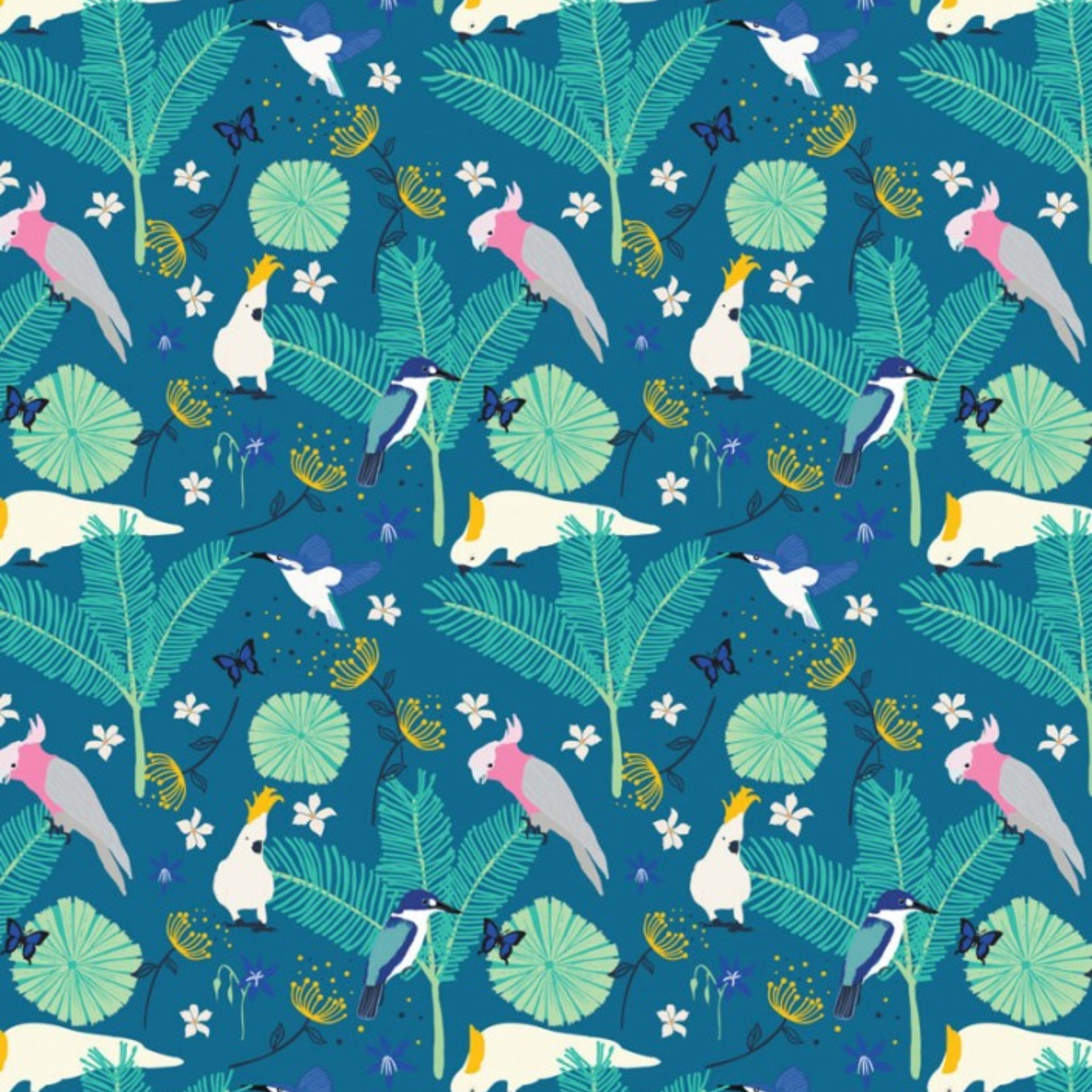 Australian native birds galahs cockatoos kingfishers tropical rainforest foliage turquoise fabric for wildlife quilts and patchwork projects