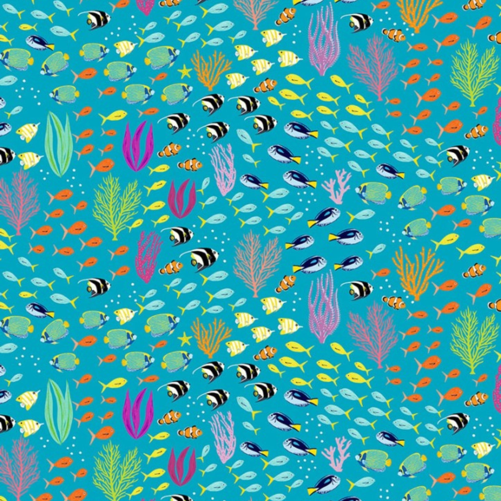 Great Barrier Reef tropical fish clownfish angelfish coral reef turquoise fabric for ocean-themed quilts and patchwork projects