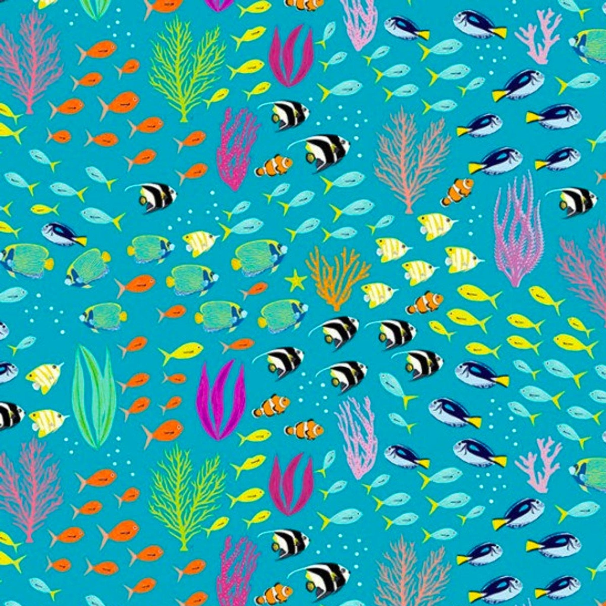 Great Barrier Reef tropical fish clownfish angelfish coral reef turquoise fabric for ocean-themed quilts and patchwork projects