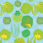 Pattern of green frogs and green leaves on a blue fabric background