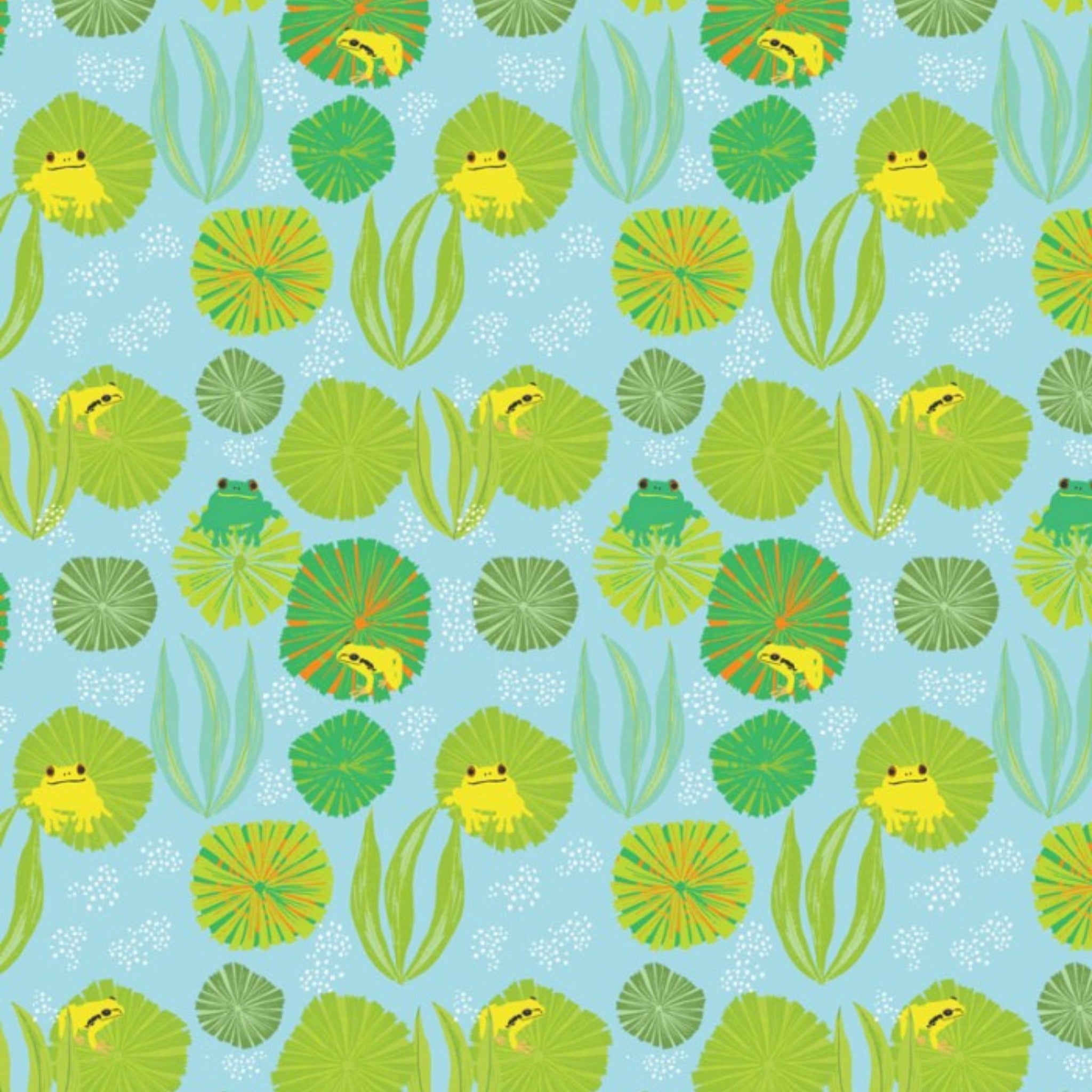 Tropical frogs lily pads green yellow blue fabric for Australian wildlife quilts and children's patchwork projects