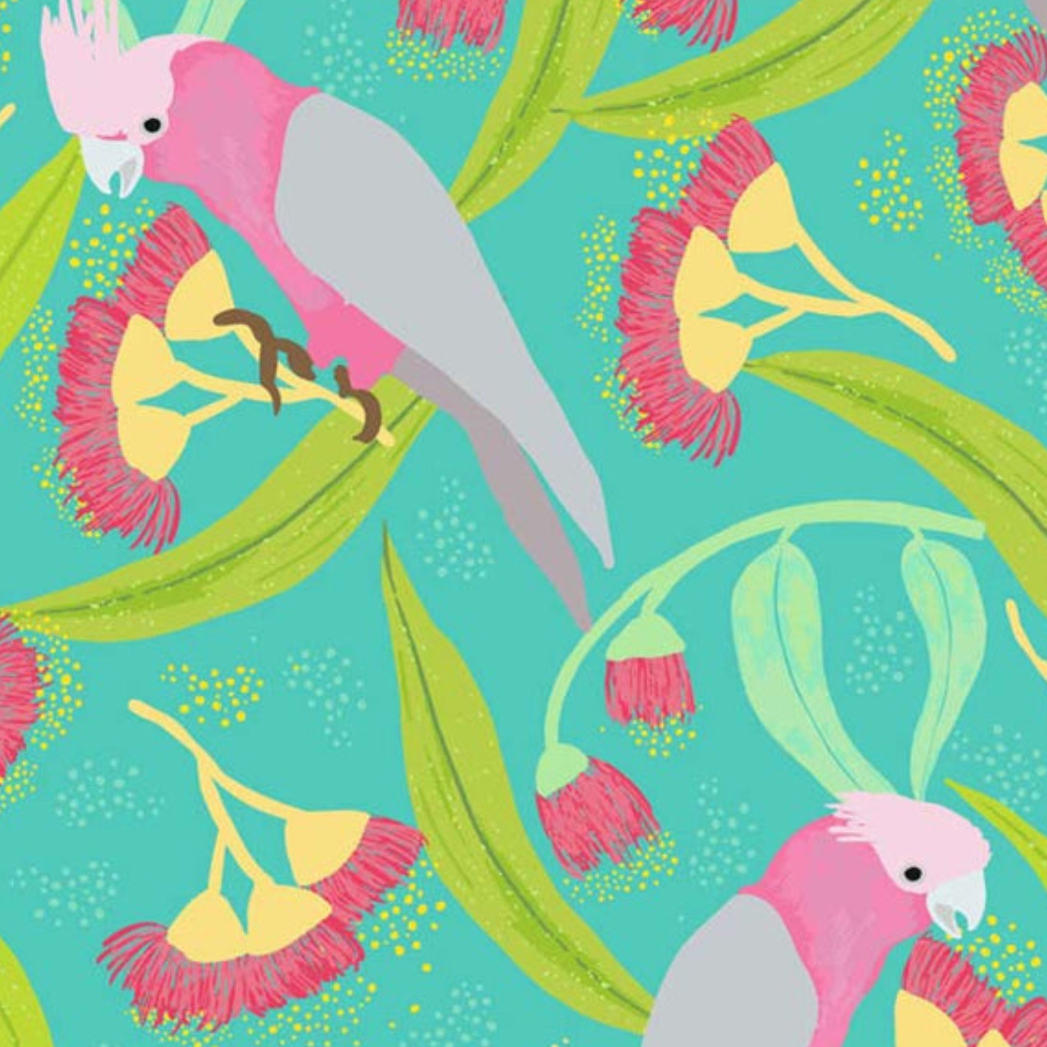 Pink grey galahs eucalyptus flowering gum aqua turquoise fabric for Australian native bird quilts and patchwork projects