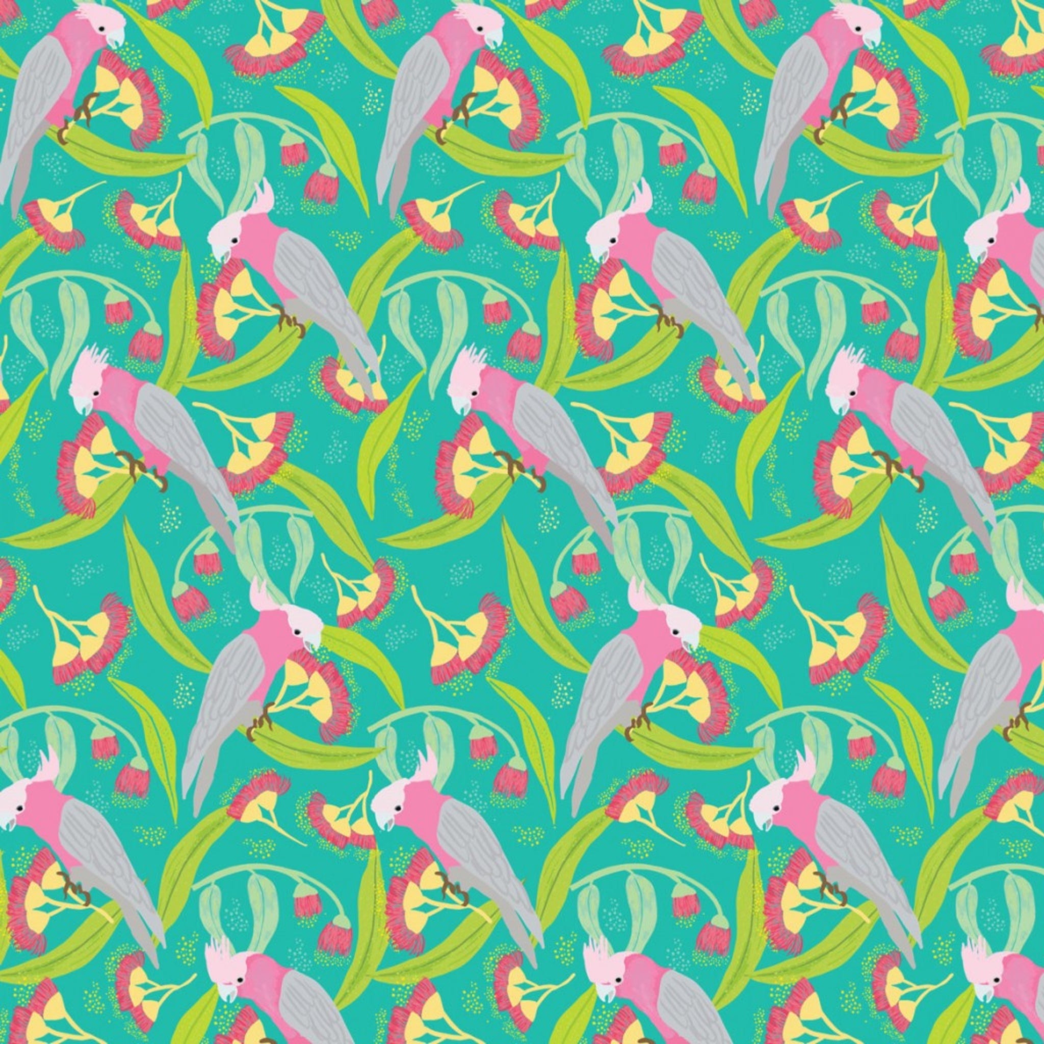 Pink grey galahs eucalyptus flowering gum aqua turquoise fabric for Australian native bird quilts and patchwork projects