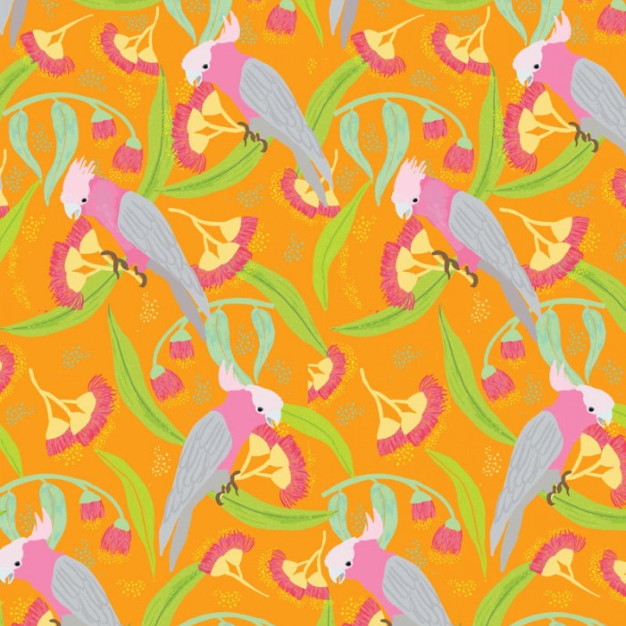 Pink grey galahs eucalyptus flowering gum orange fabric for Australian native bird quilts and patchwork projects