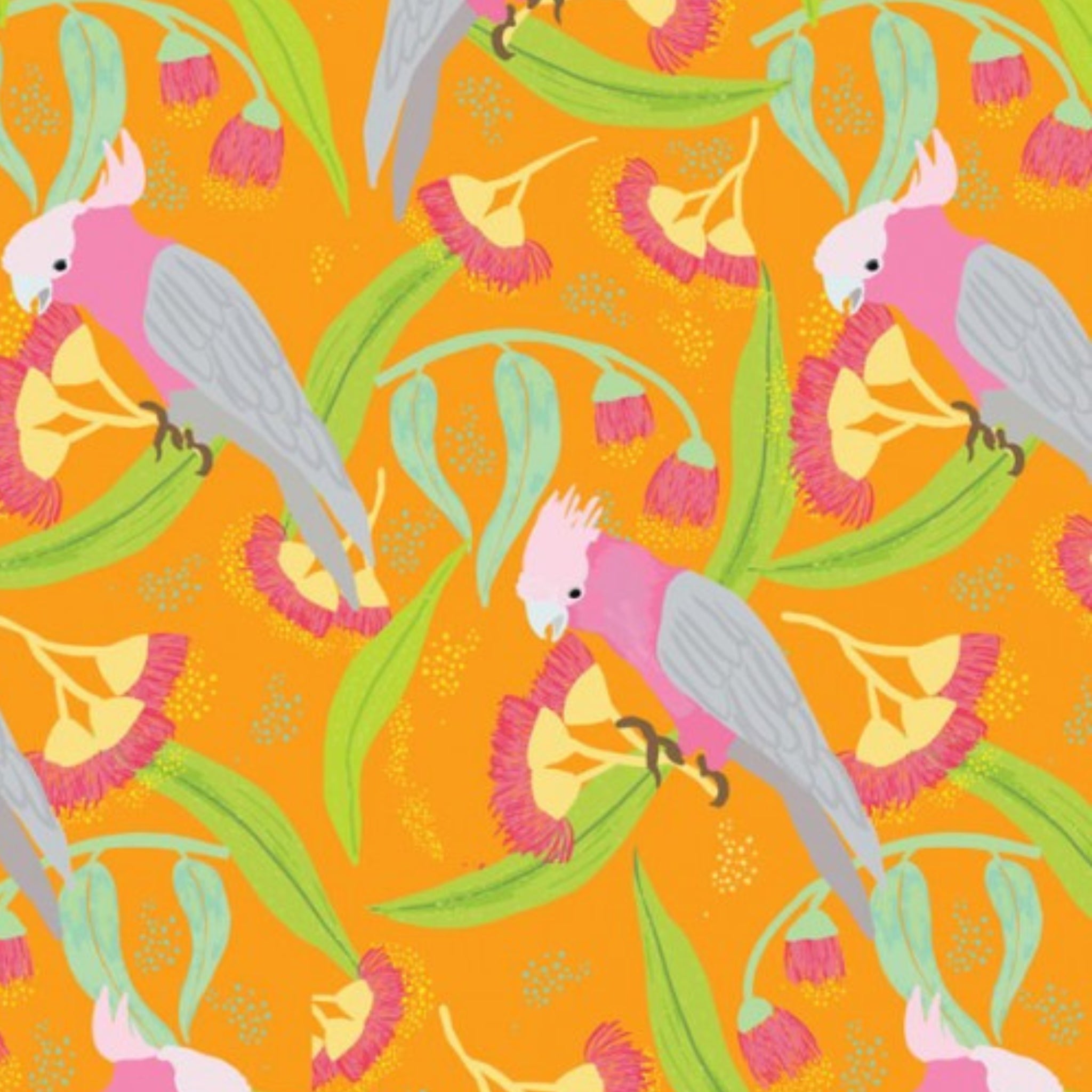 Pink grey galahs eucalyptus flowering gum orange fabric for Australian native bird quilts and patchwork projects