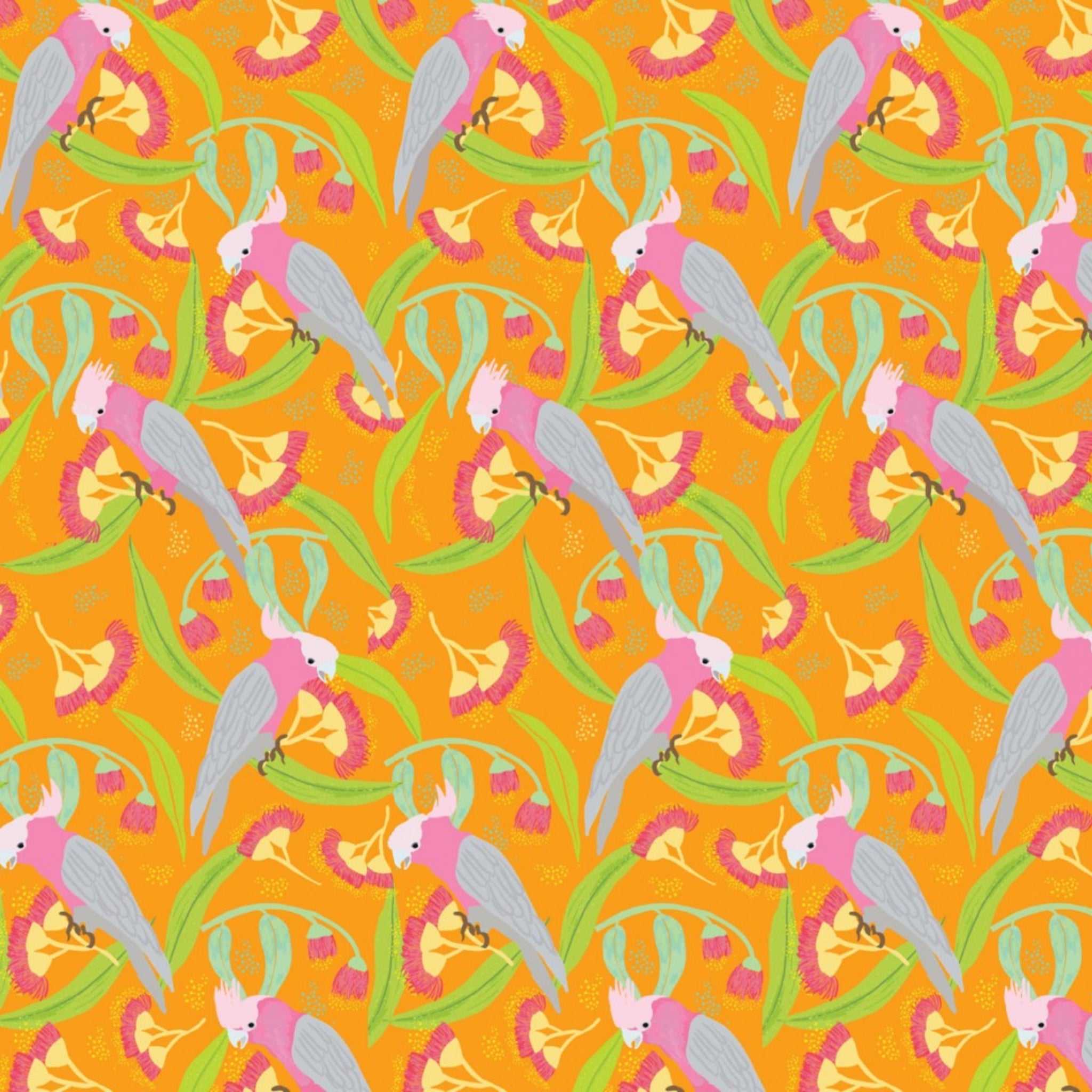 Pink grey galahs eucalyptus flowering gum orange fabric for Australian native bird quilts and patchwork projects