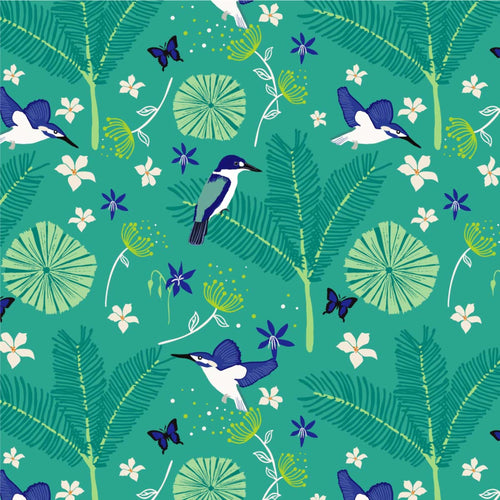 Blue white kingfishers Daintree rainforest ferns butterflies turquoise fabric for Australian wildlife quilts and quilt backing