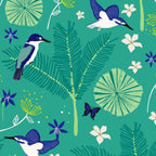 Blue white kingfishers Daintree rainforest ferns butterflies turquoise fabric for Australian wildlife quilts and quilt backing