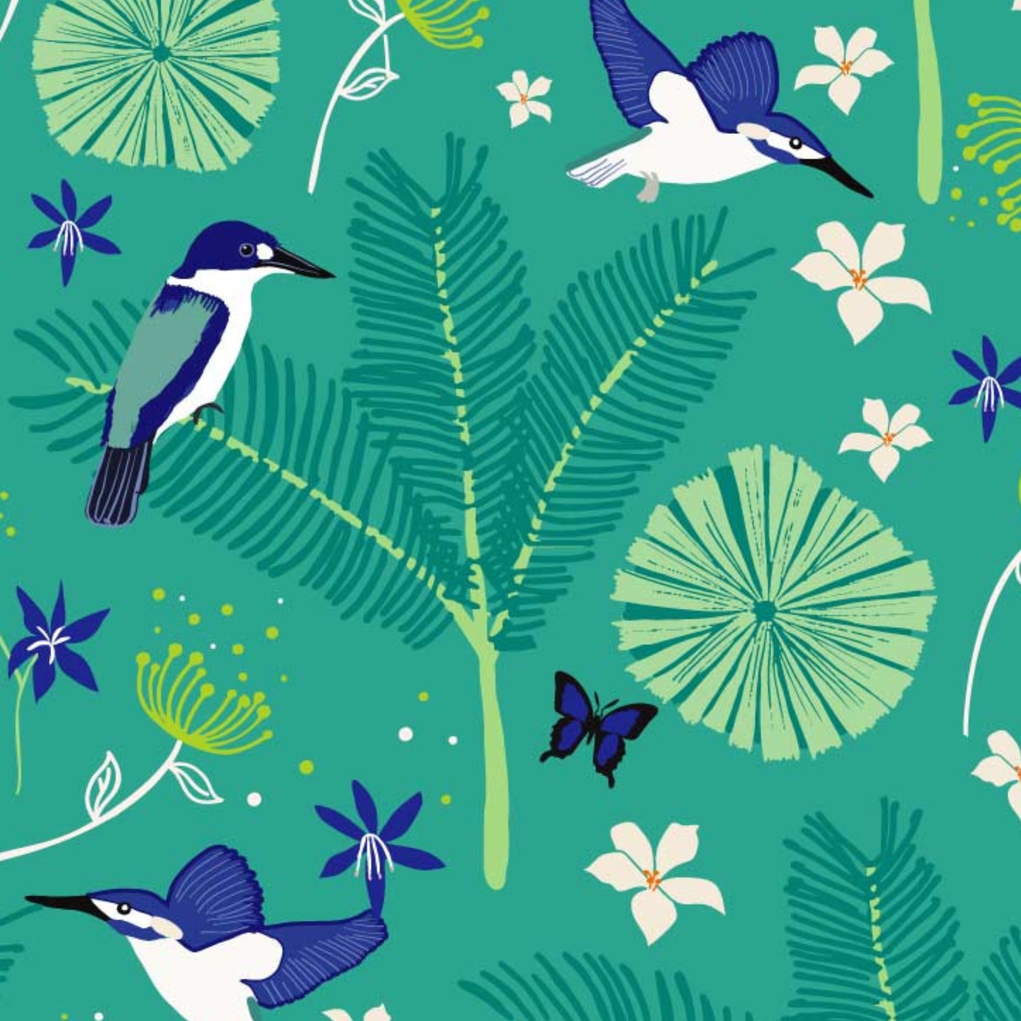 Blue white kingfishers Daintree rainforest ferns butterflies turquoise fabric for Australian wildlife quilts and quilt backing