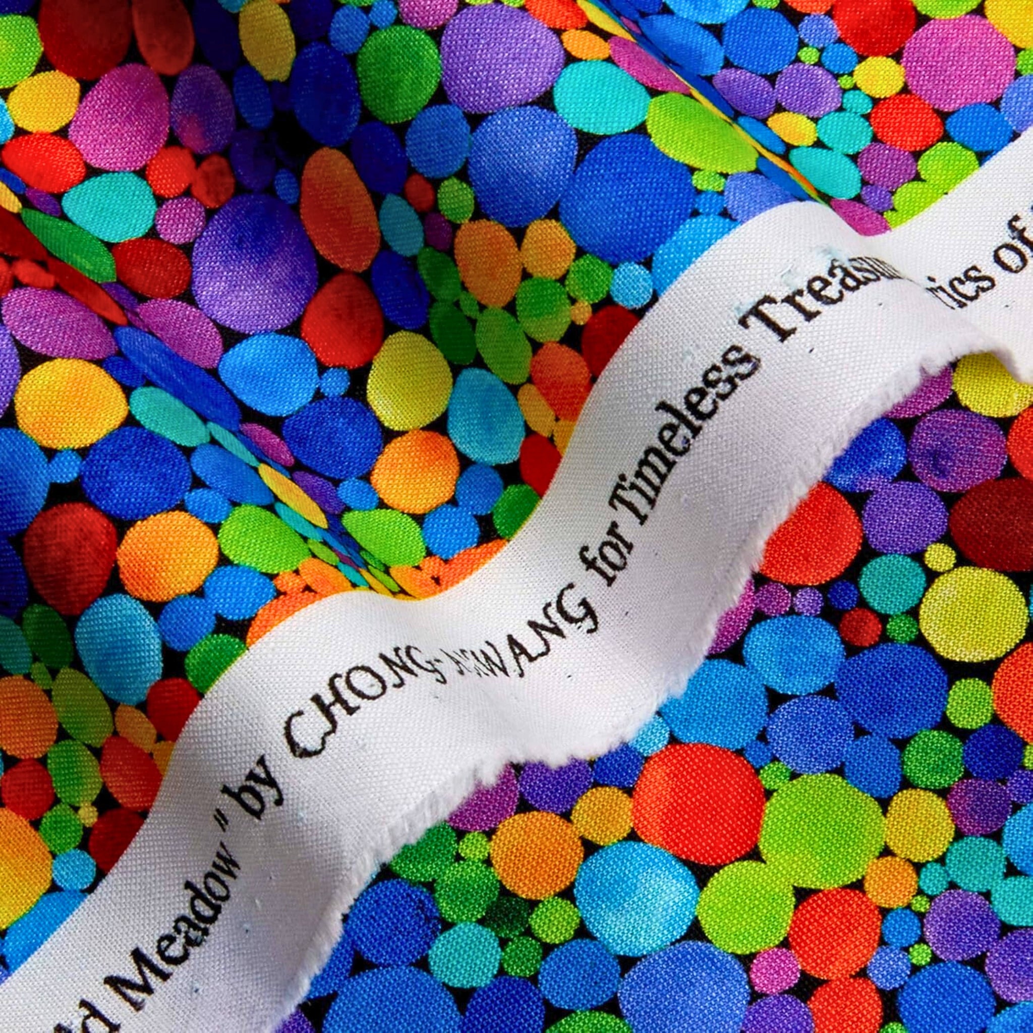 Rainbow dots on black background digital print for modern quilts and patchwork sewing projects