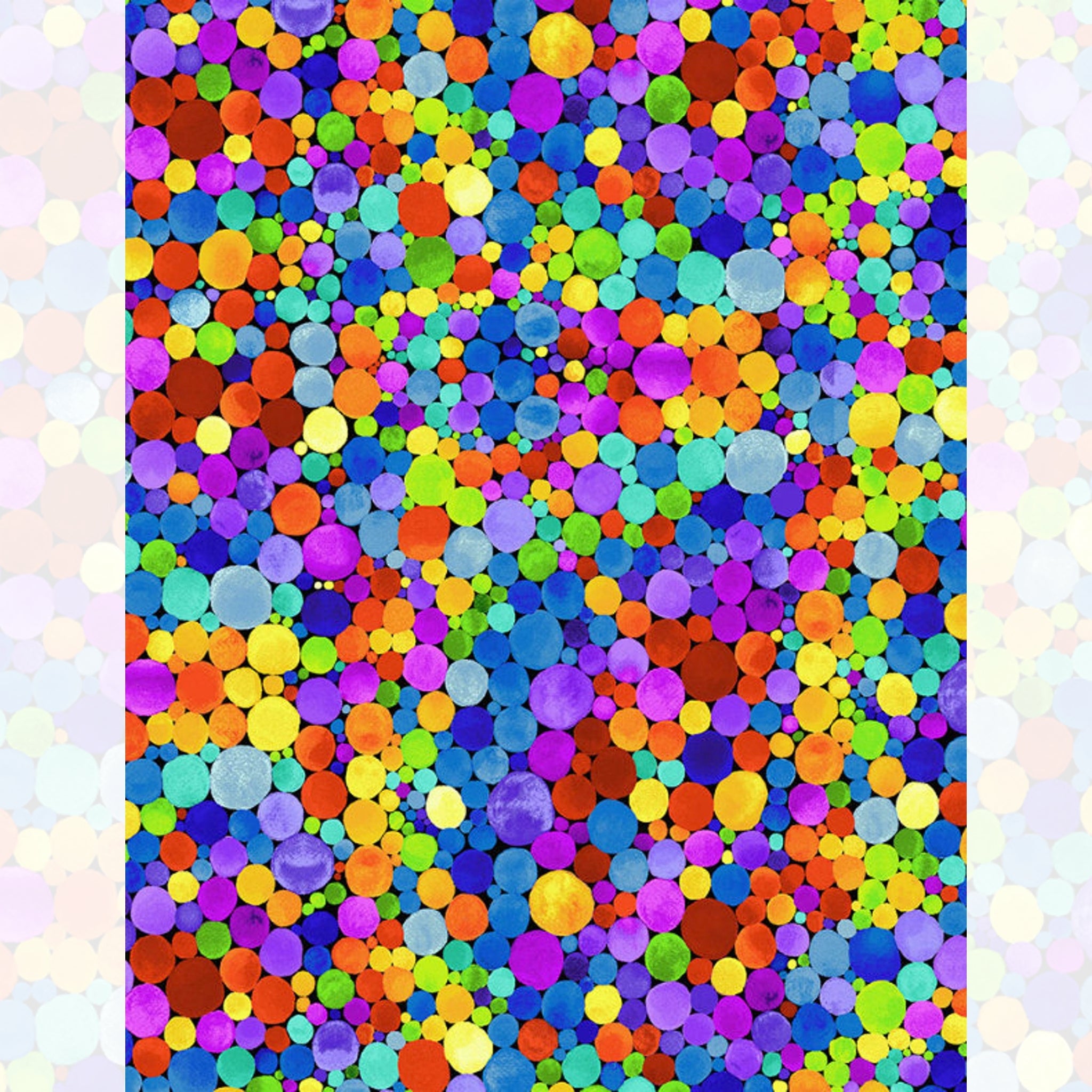 Packed watercolour rainbow spots varying sizes red orange yellow green blue purple pink turquoise black background digital print fabric for feature quilts children's projects and bags