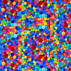 Packed watercolour rainbow spots varying sizes red orange yellow green blue purple pink turquoise black background digital print fabric for feature quilts children's projects and bags