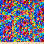Packed watercolour rainbow spots varying sizes red orange yellow green blue purple pink turquoise black background digital print fabric for feature quilts children's projects and bags