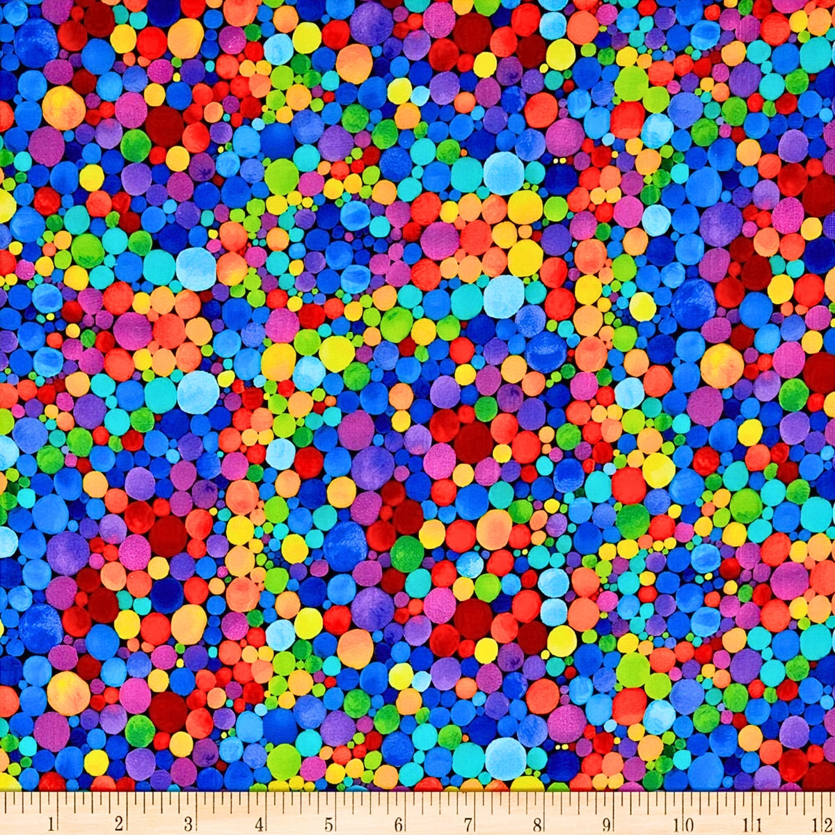 Packed watercolour rainbow spots varying sizes red orange yellow green blue purple pink turquoise black background digital print fabric for feature quilts children's projects and bags