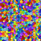 Packed watercolour rainbow spots varying sizes red orange yellow green blue purple pink turquoise black background digital print fabric for feature quilts children's projects and bags