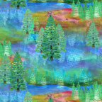 Enchanting watercolor forest evergreen trees green turquoise blue fabric for nature-themed quilts and landscape projects