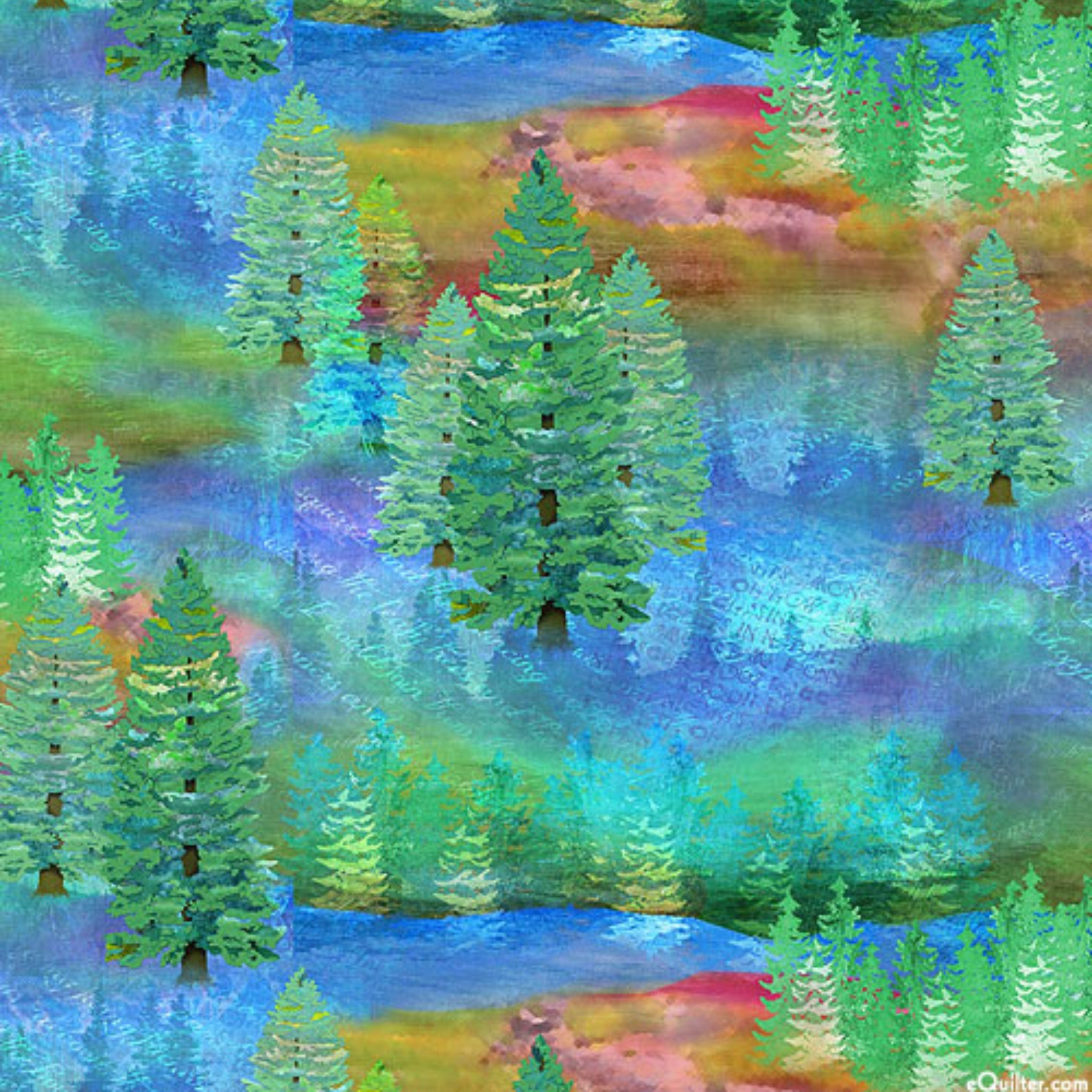 Enchanting watercolor forest evergreen trees green turquoise blue fabric for nature-themed quilts and landscape projects