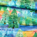 Digitally printed watercolour forest evergreen trees green turquoise blue fabric for nature-themed quilts and landscape projects
