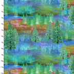 Whimsical watercolour forest evergreen trees green turquoise blue fabric for nature-themed quilts and landscape projects