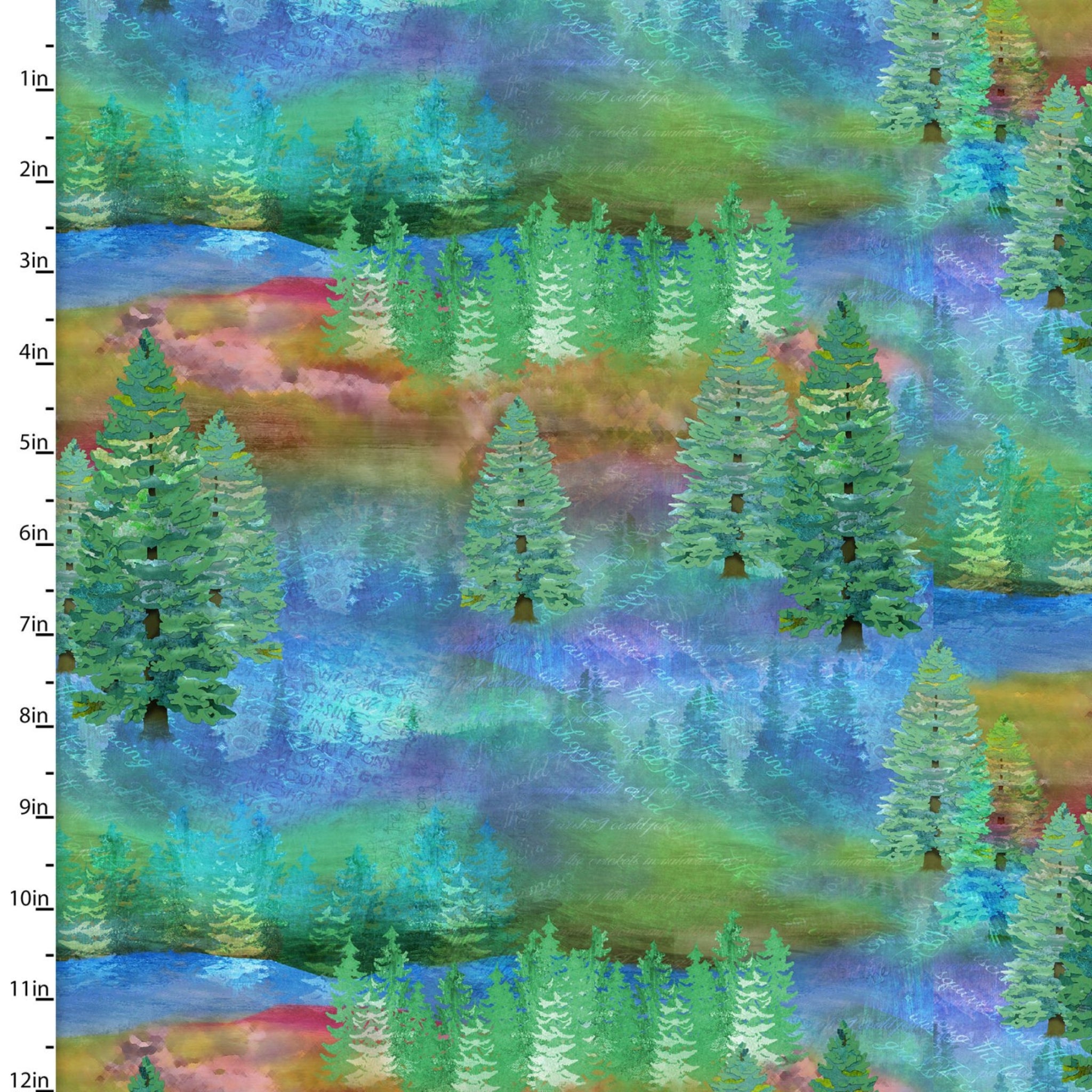 Whimsical watercolour forest evergreen trees green turquoise blue fabric for nature-themed quilts and landscape projects