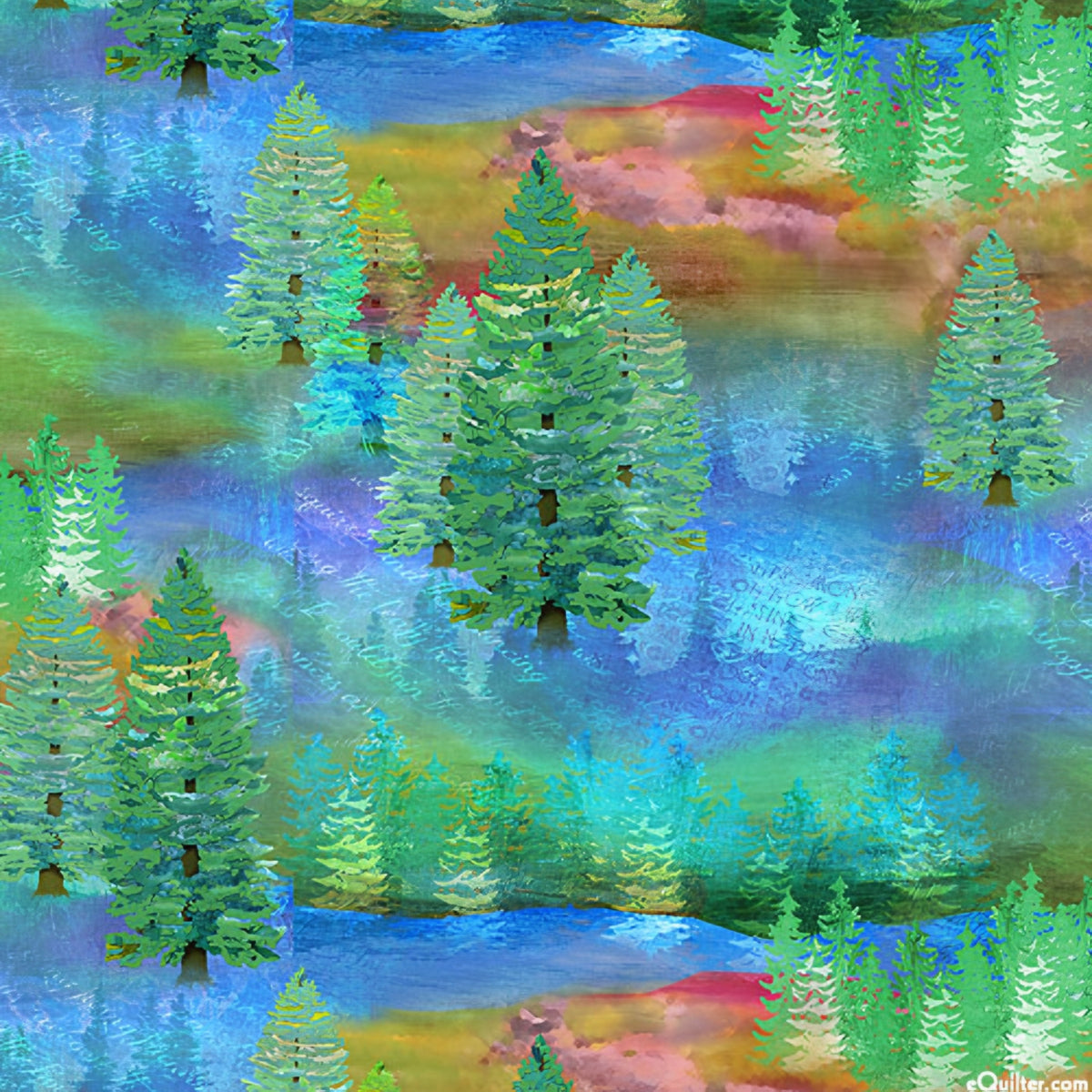 Enchanting watercolor forest evergreen trees green turquoise blue fabric for nature-themed quilts and landscape projects