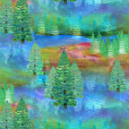 Enchanting watercolour forest evergreen trees green turquoise blue fabric for nature-themed quilts and landscape projects